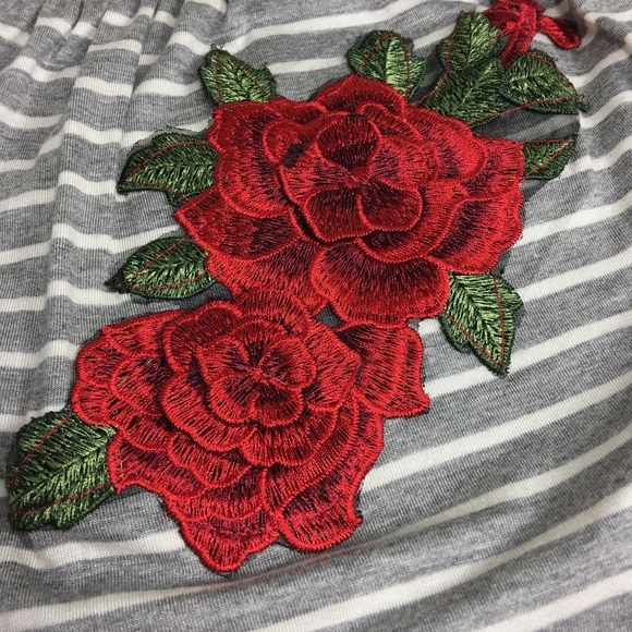 Grey Stripe Off Shoulder Top Embroidered Rose - Picture 3 of 8